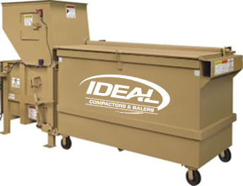 Industrial-grade trash compactor with a beige exterior and wheels