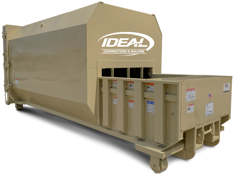 Side view of an industrial trash compactor in beige color