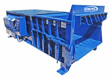 Blue industrial trash compactor with multiple compartments and controls