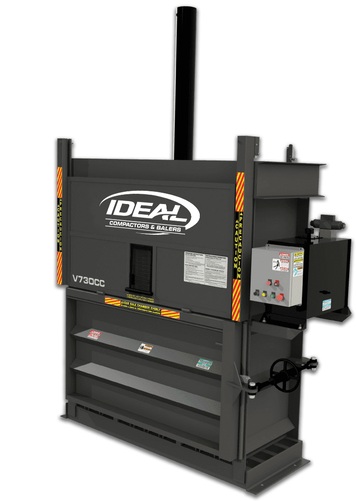 IDEAL V730CC vertical baler with control panel and safety features