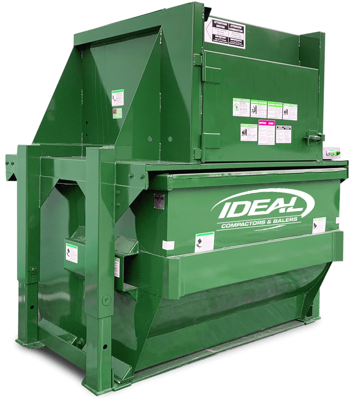 Green industrial trash compactor with multiple access points and labels